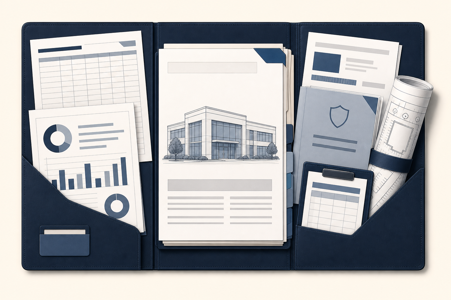 Organized commercial appraisal document package with leases, rent roll, expenses, plans, and records