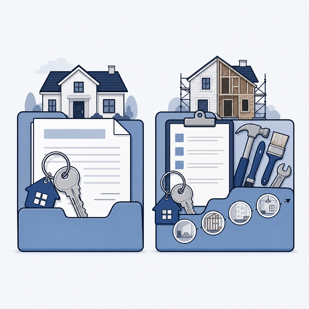 Two real estate financing files showing acquisition-only and acquisition-plus-rehab structures