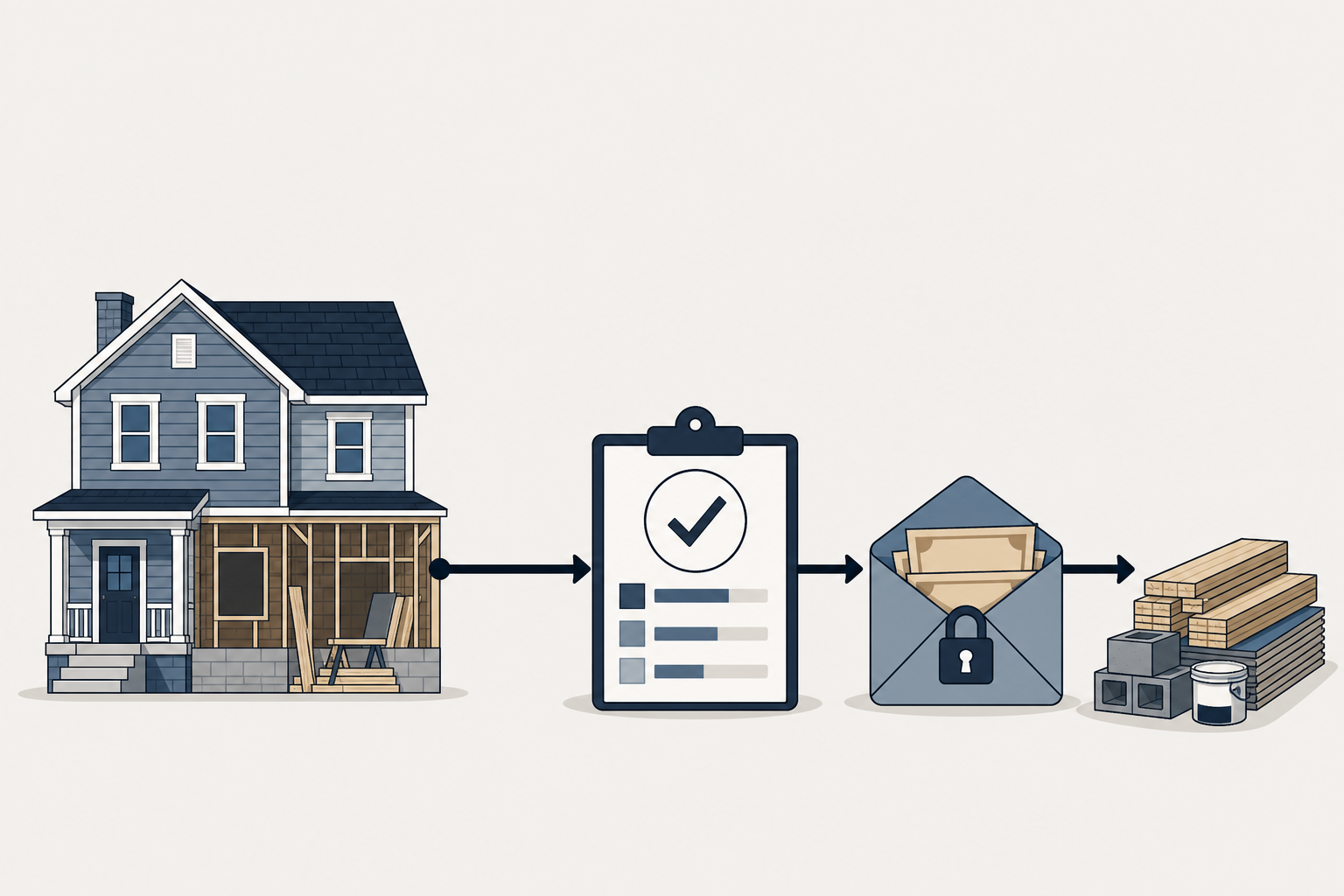 Property renovation progressing from purchase through inspection to contractor payment