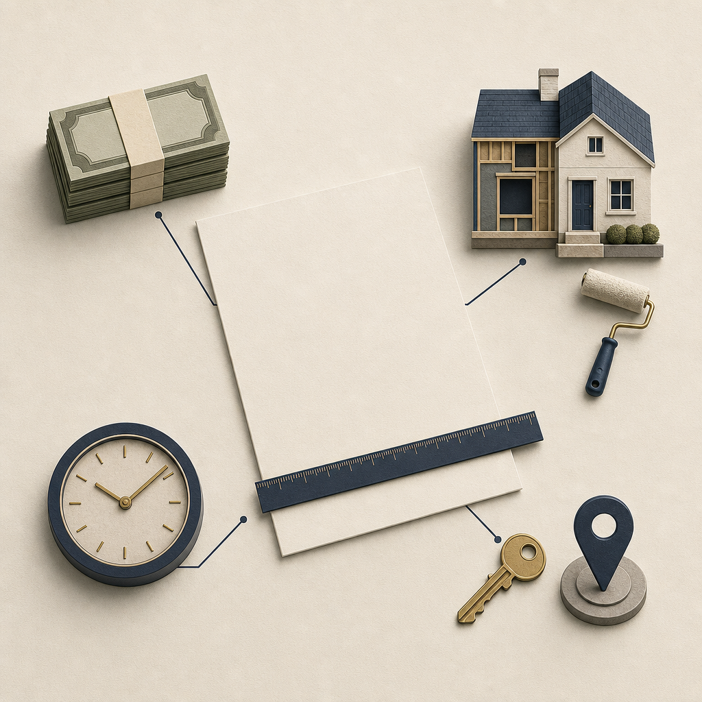 Investor reviewing a real estate term sheet with budget, timeline and exit documents