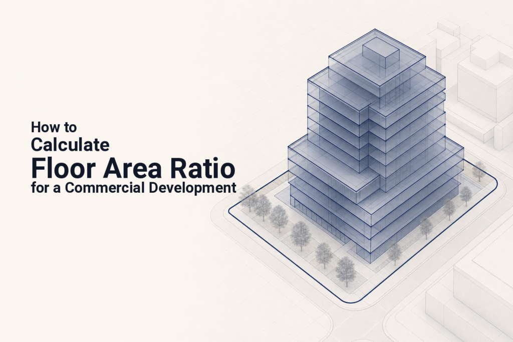 Commercial development site with building massing blocks illustrating floor area ratio