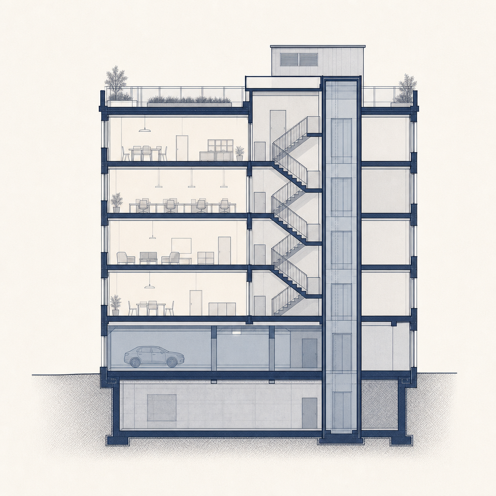 Building section showing above-grade levels, parking, basement and rooftop equipment as FAR review areas