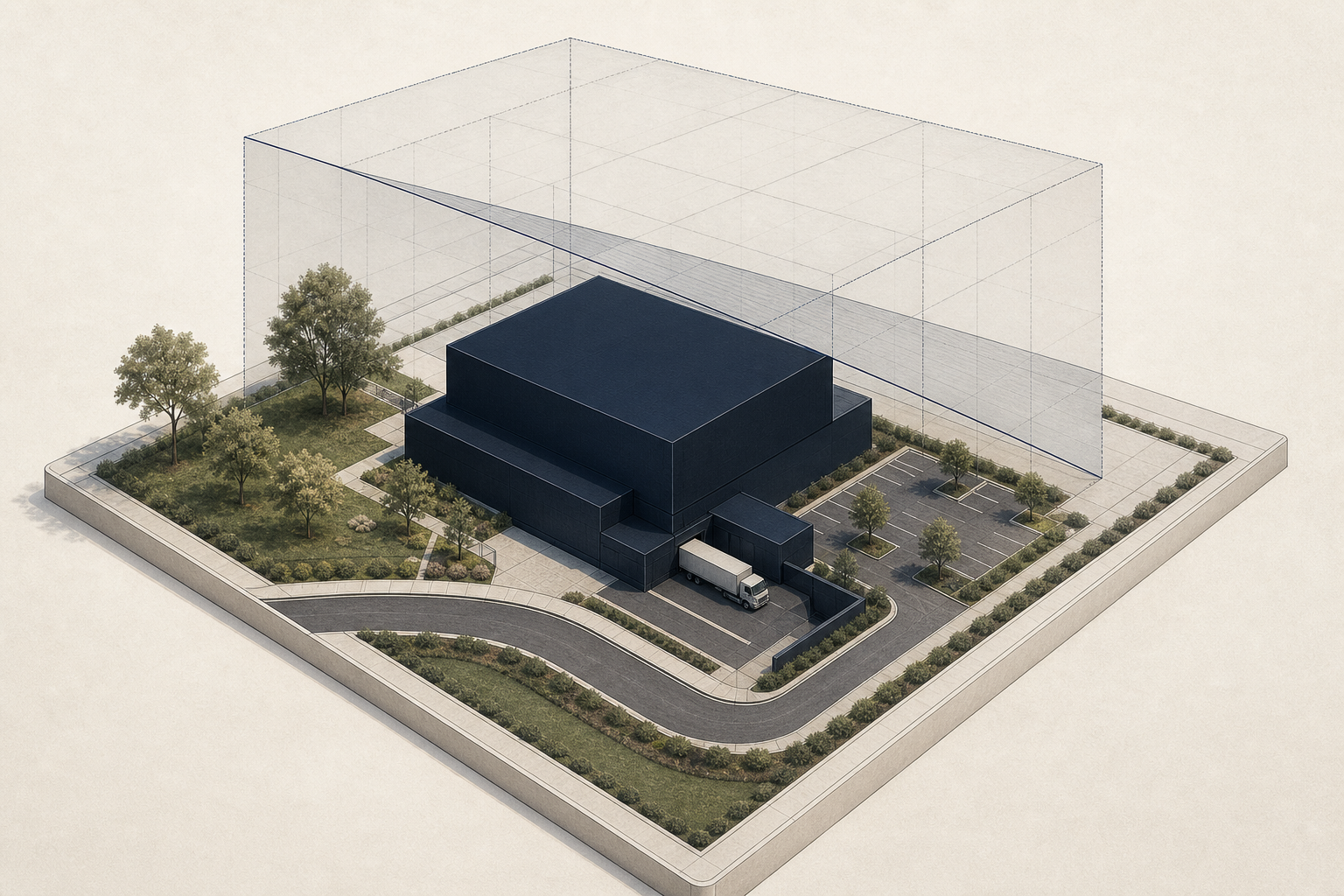 Commercial site massing constrained by setbacks, height limit, parking access and open space
