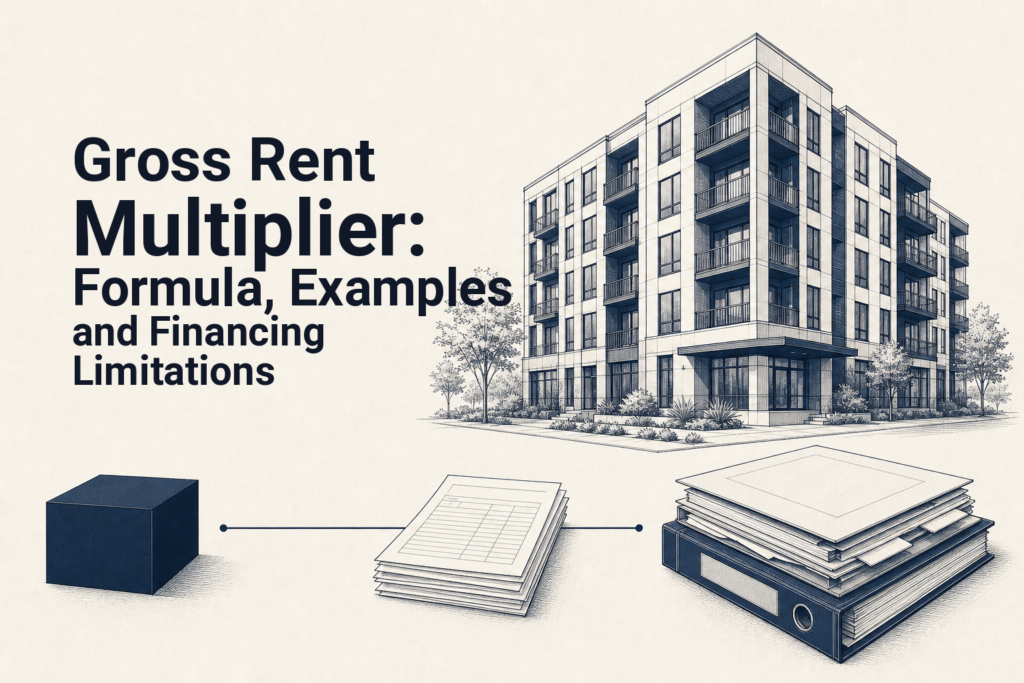 Apartment building beside a calculator and underwriting documents