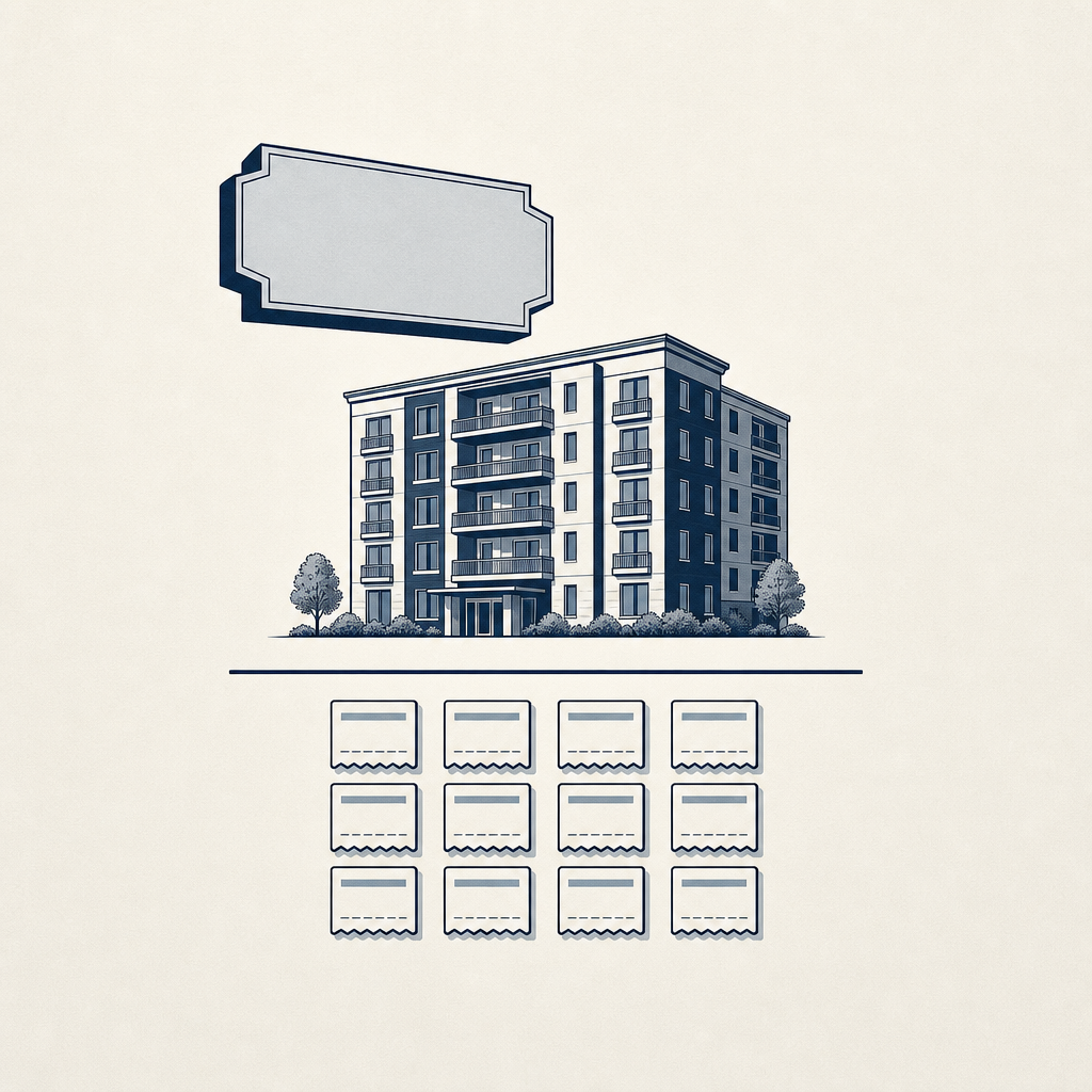 Balanced illustration of apartment value on one side and annual rent on the other