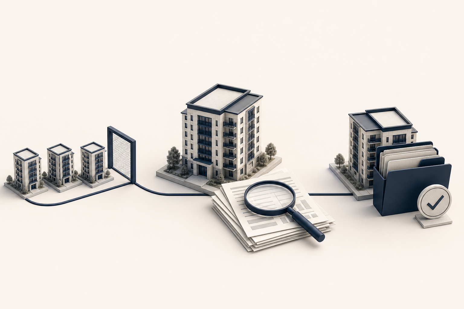 Three-stage apartment acquisition workflow from screening to underwriting