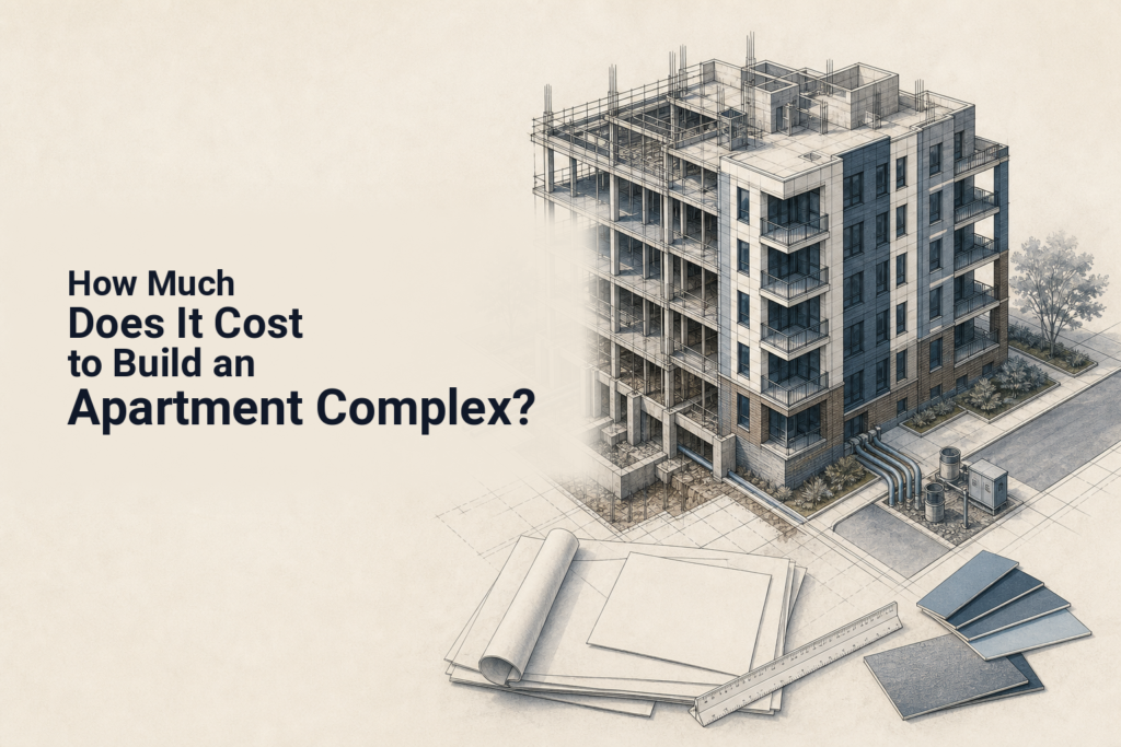 Architectural illustration of a mid-rise apartment project with budget documents and construction plans