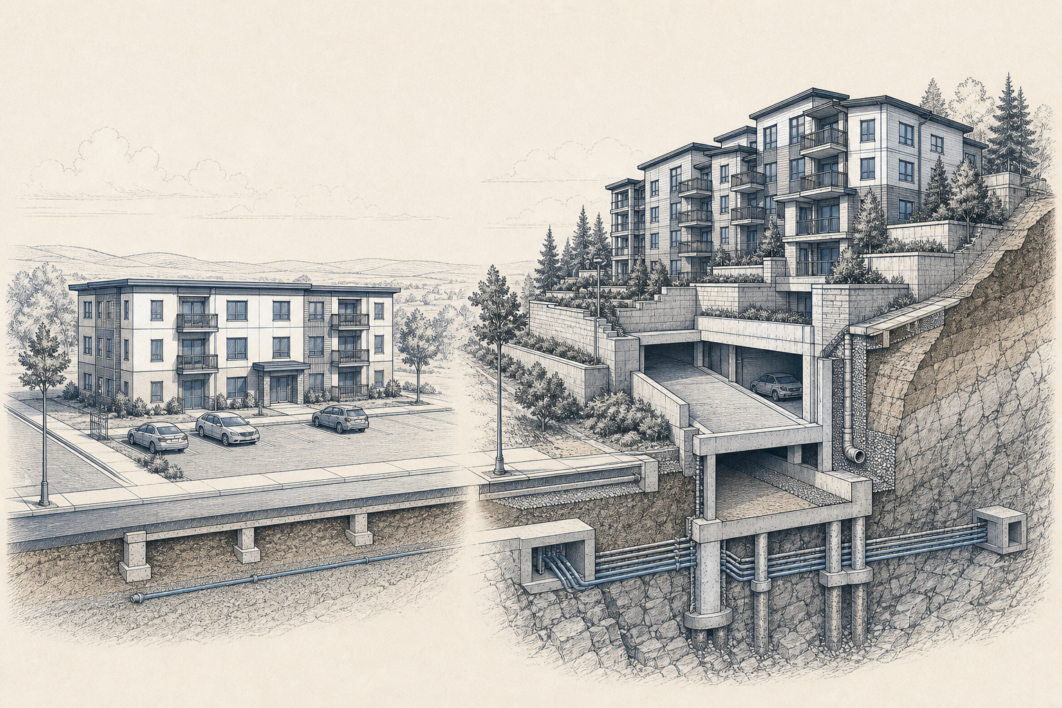 Illustration comparing a simple apartment site with a complex site that includes parking and retaining walls.