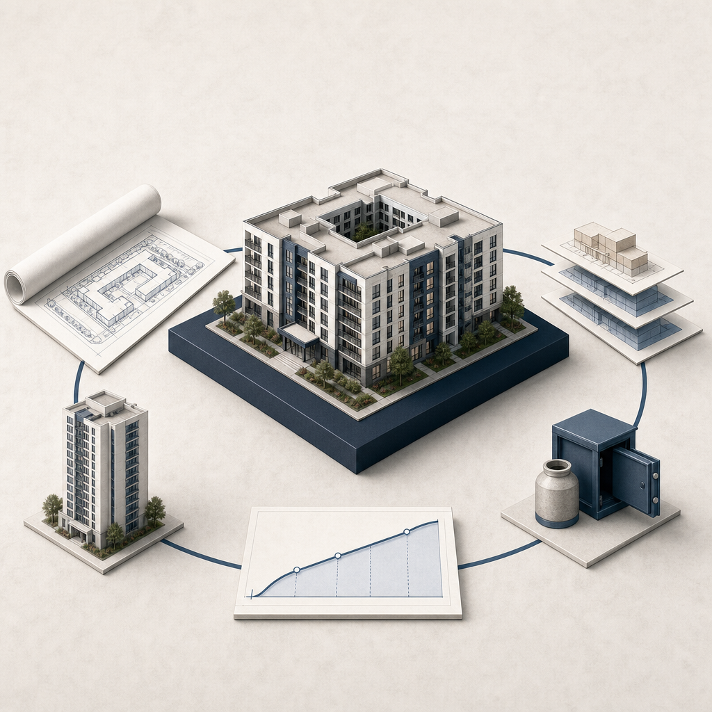 Illustration of an apartment development budget reviewed against plans, construction draws, and permanent financing.