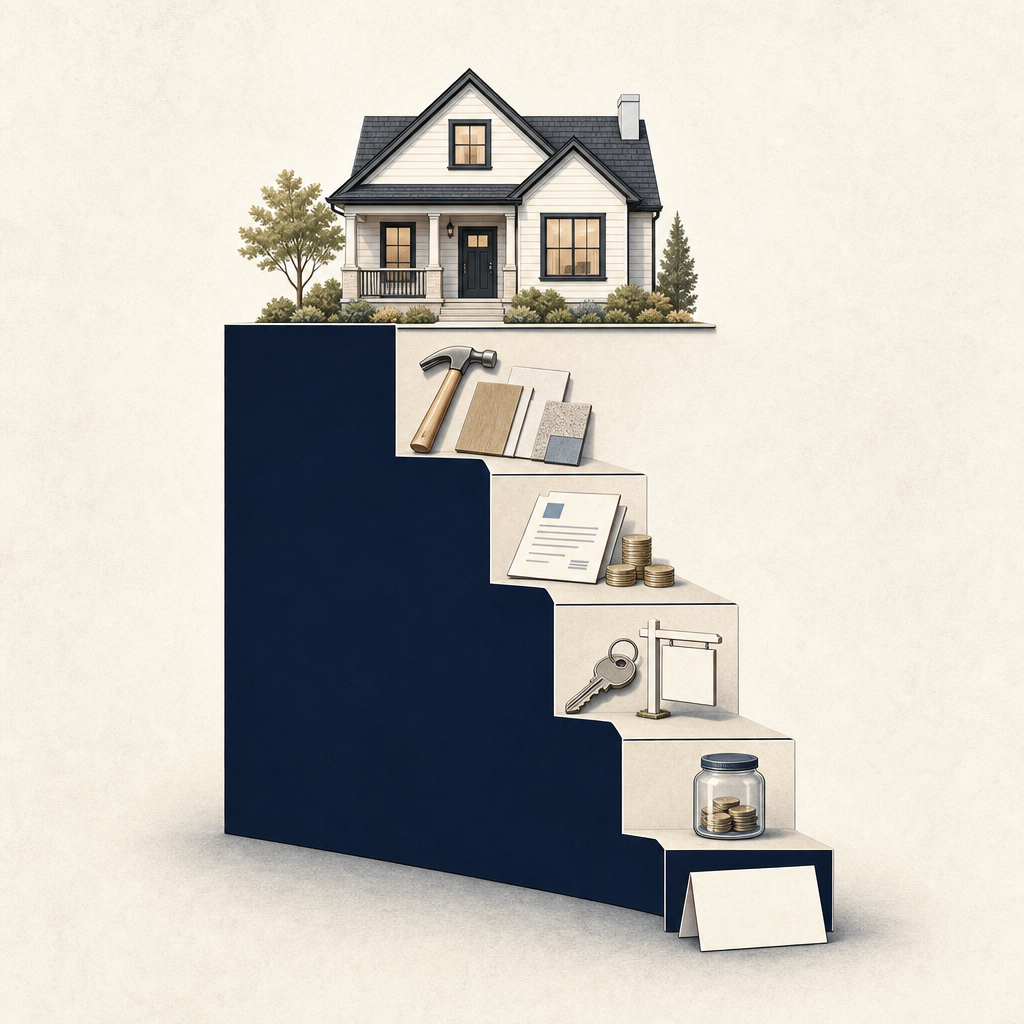 House value estimate separated into renovation costs, financing costs, sale costs, reserves, and offer price